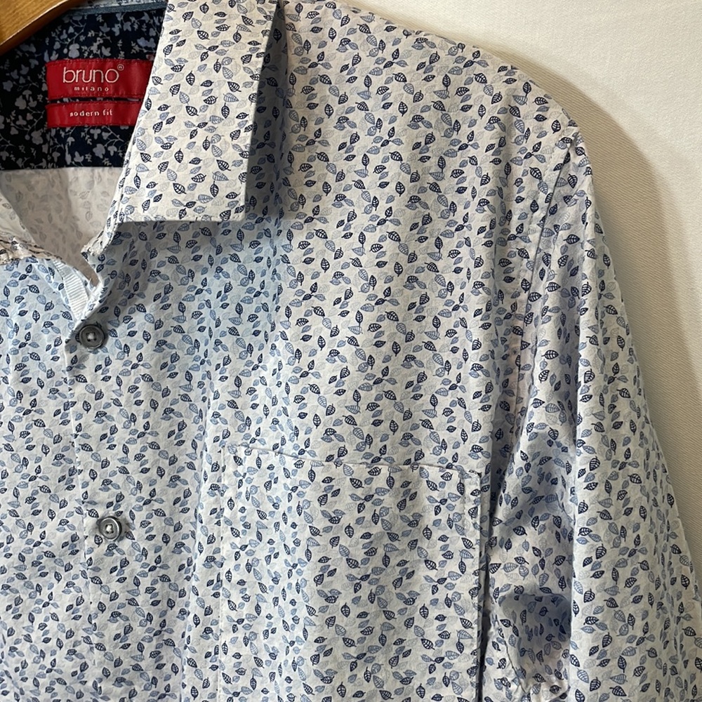 Bruno Milano modern fit, white with small blue leaf pattern, cotton, long sleeve